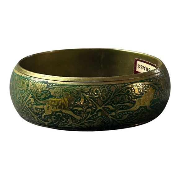 Vintage Brass Bangle Bracelet Etched Elephant  Tiger Green Enamel Made In India‎ - Picture 3 of 14